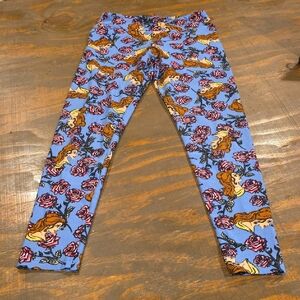 LuLaRoe Girls Leggings Blue with Pink Roses and Gold Character Print
